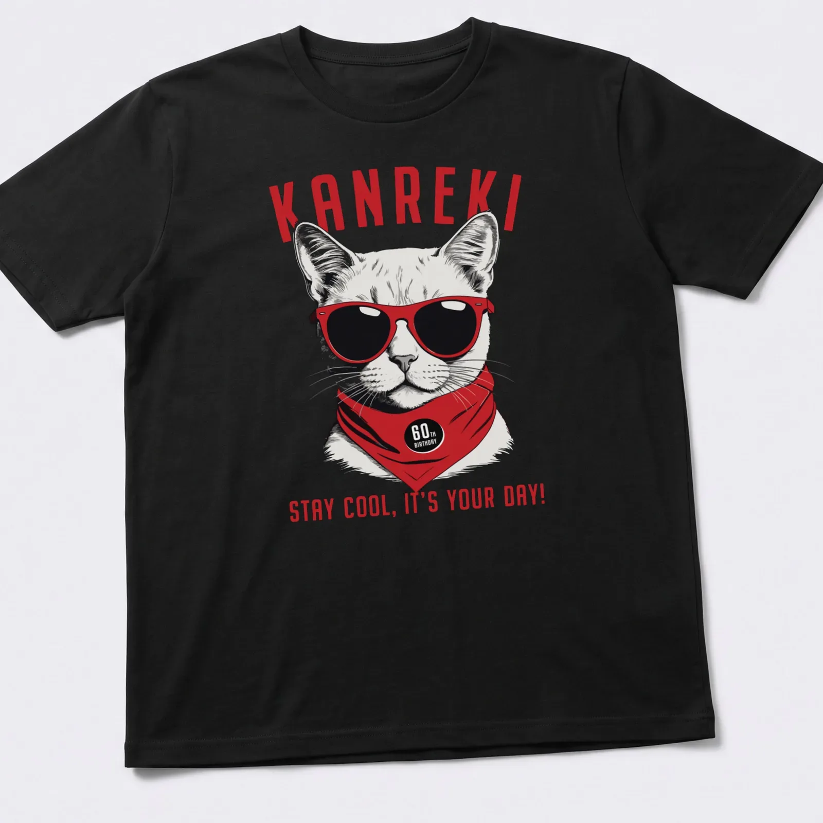 A cat in sunglasses with bold text celebrating a 60th birthday — printed on a unisex t-shirt