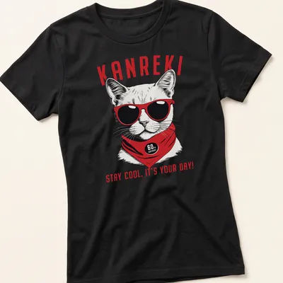 A cat in sunglasses with bold text celebrating a 60th birthday — printed on a women's shirt