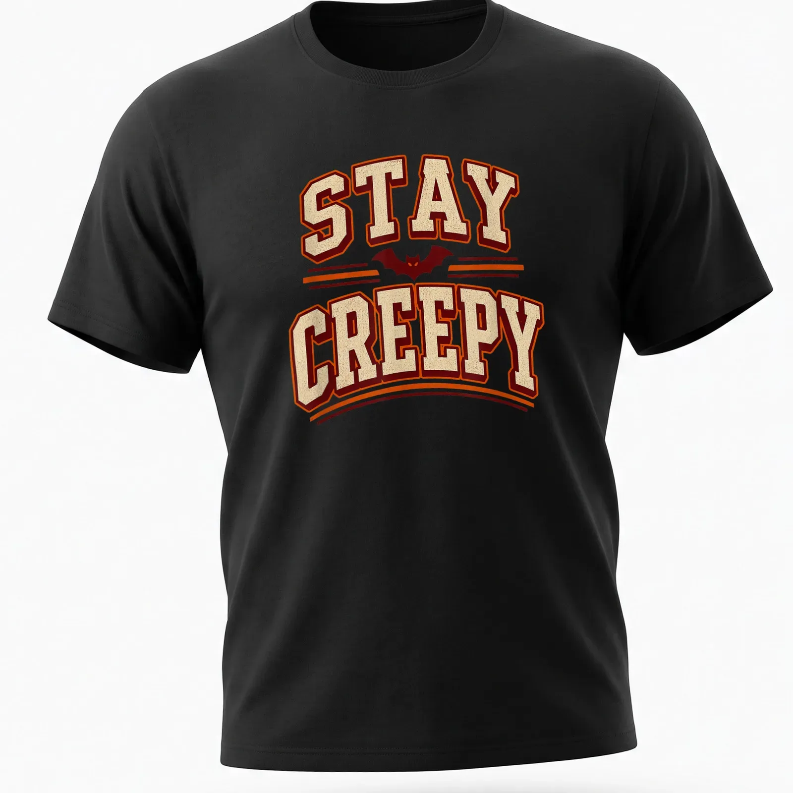 Vintage Halloween tee with a playful bat design and text 'STAY CREEPY' — printed on a unisex t-shirt