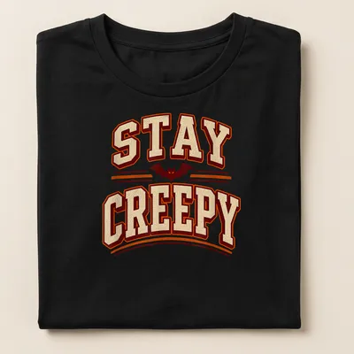 Vintage Halloween tee with a playful bat design and text 'STAY CREEPY' — printed on a women's shirt