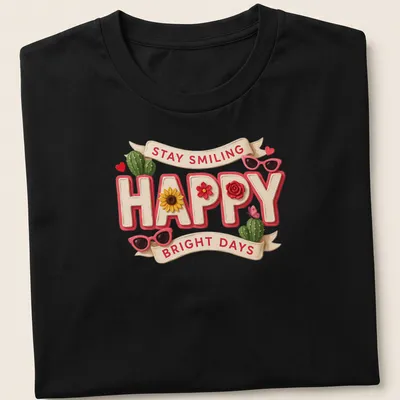 Colorful cactus and floral design with positive text on t-shirt.