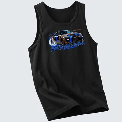 Illustration of a Nissan GT-R with the text Still Got Gas in the Tank in black, blue, gold, and white — printed on a tank top