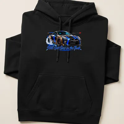 Illustration of a Nissan GT-R with the text Still Got Gas in the Tank in black, blue, gold, and white — printed on a unisex hoodie