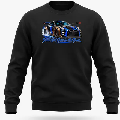 Illustration of a Nissan GT-R with the text Still Got Gas in the Tank in black, blue, gold, and white — printed on a unisex sweatshirt