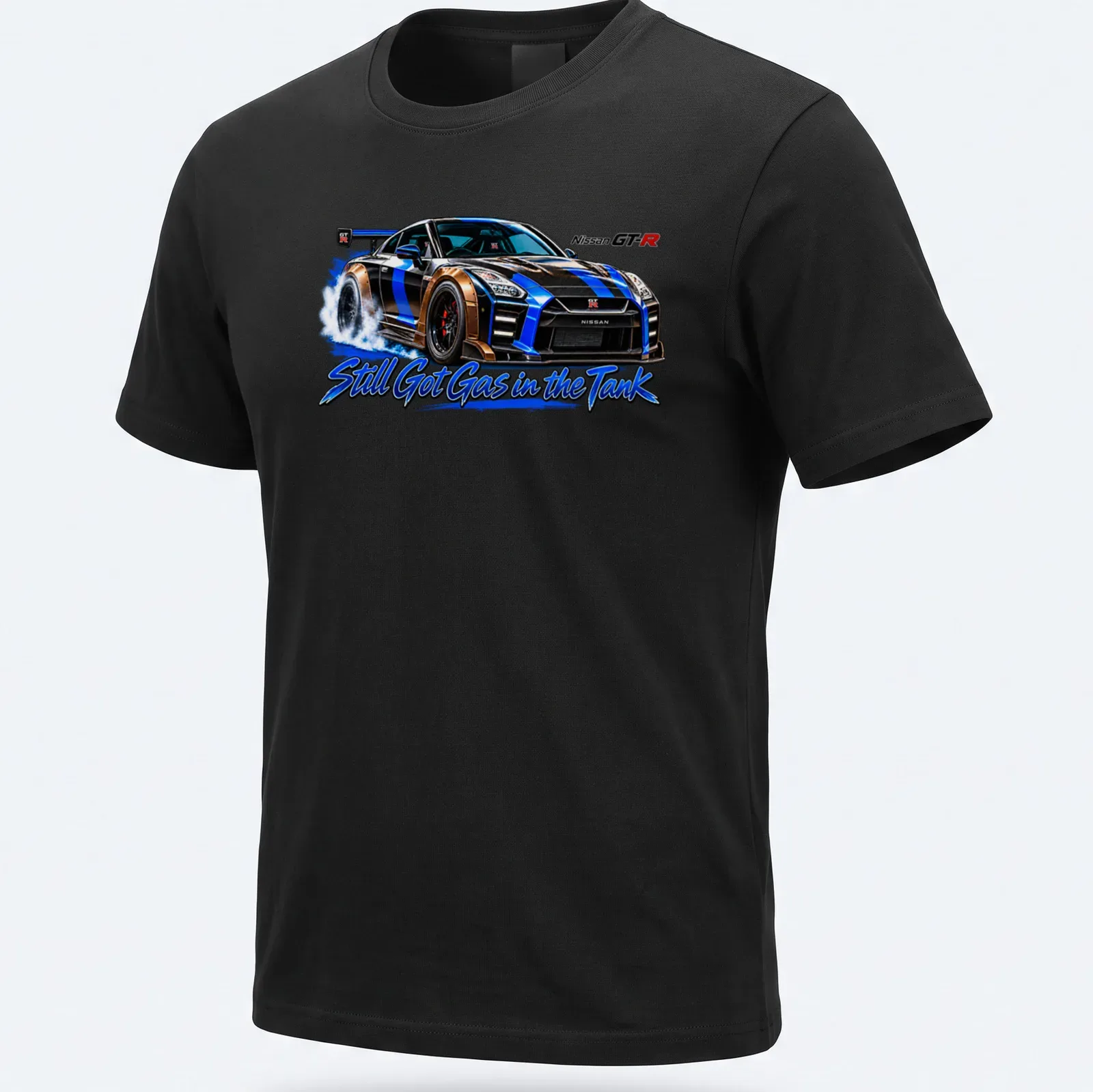 Illustration of a Nissan GT-R with the text Still Got Gas in the Tank in black, blue, gold, and white — printed on a unisex t-shirt