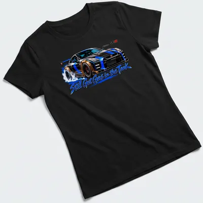 Illustration of a Nissan GT-R with the text Still Got Gas in the Tank in black, blue, gold, and white — printed on a women's shirt