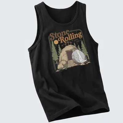 Vintage illustration of an empty tomb with a rolled stone and crosses, featuring the text Stone Rolling Since AD 33 — printed on a tank top