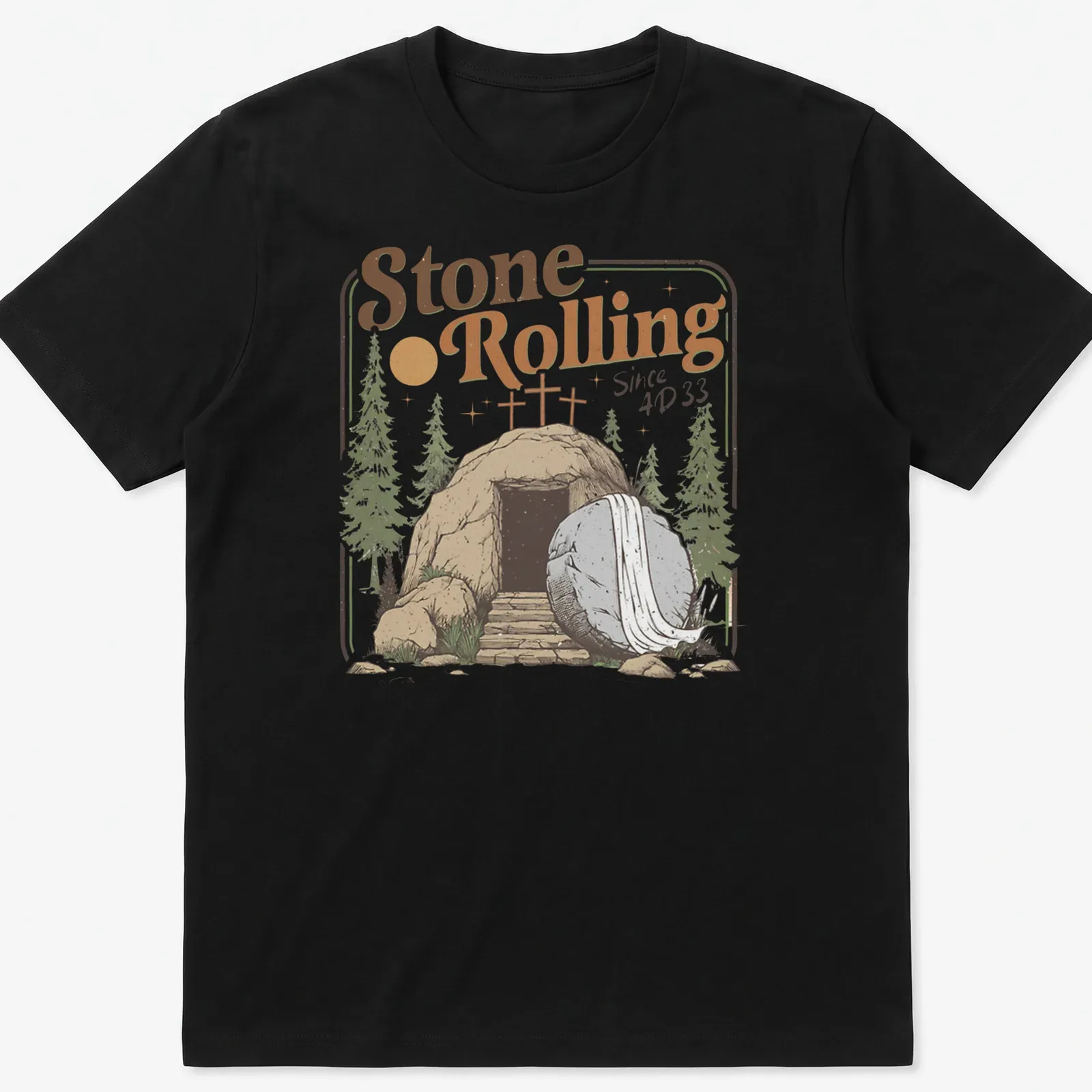 Vintage illustration of an empty tomb with a rolled stone and crosses, featuring the text Stone Rolling Since AD 33 — printed on a unisex t-shirt