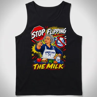 Comic style shirt featuring a lunch lady with colorful text about milk — printed on a tank top