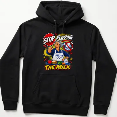 Comic style shirt featuring a lunch lady with colorful text about milk — printed on a unisex hoodie