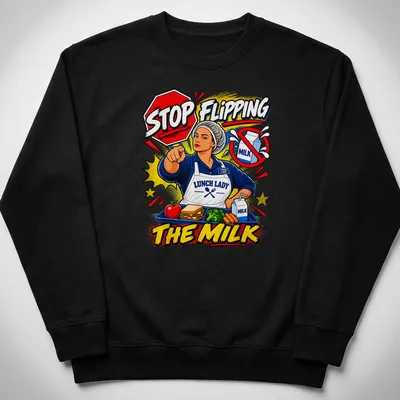 Comic style shirt featuring a lunch lady with colorful text about milk — printed on a unisex sweatshirt