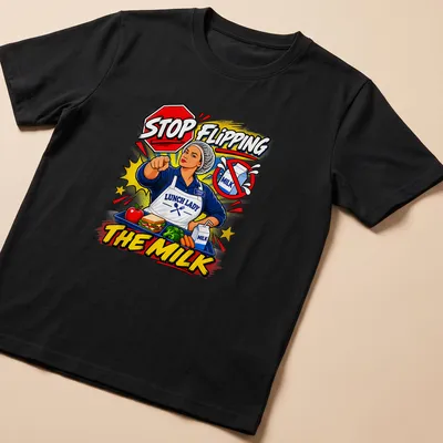 Comic style shirt featuring a lunch lady with colorful text about milk