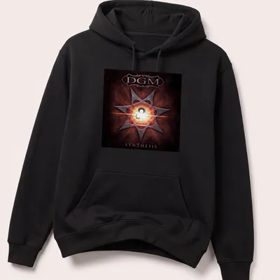 Abstract DGM Synthesis t-shirt featuring star core gears in red, black, white, and orange. — printed on a unisex hoodie
