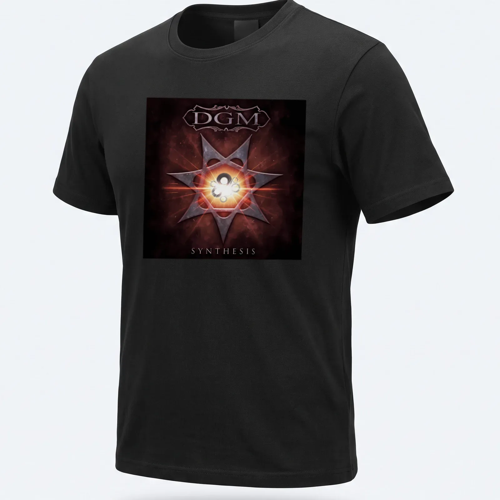 Abstract DGM Synthesis t-shirt featuring star core gears in red, black, white, and orange. — printed on a unisex t-shirt