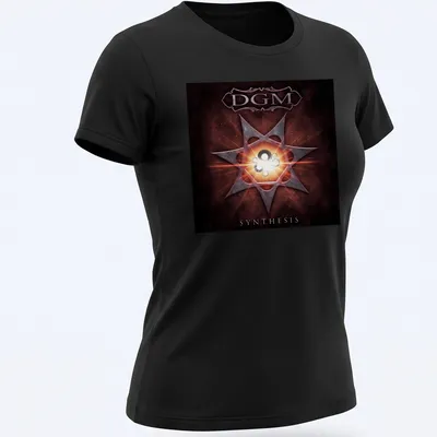Abstract DGM Synthesis t-shirt featuring star core gears in red, black, white, and orange. — printed on a women's shirt