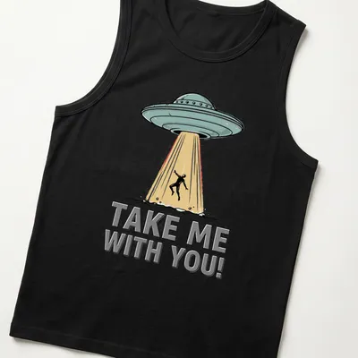 Retro UFO abduction design featuring a colorful flying saucer and bold text. — printed on a tank top