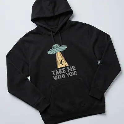 Retro UFO abduction design featuring a colorful flying saucer and bold text. — printed on a unisex hoodie