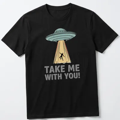 Retro UFO abduction design featuring a colorful flying saucer and bold text.