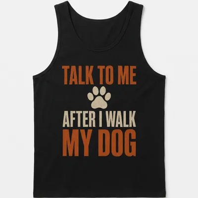 Bold distressed tee with humor about dog walking and a paw print — printed on a tank top