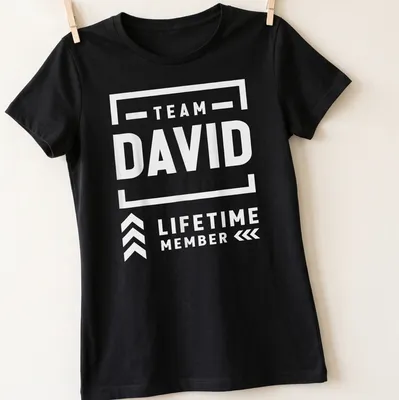 White bold typography saying 'Team David Lifetime Member' on a — printed on a women's shirt
