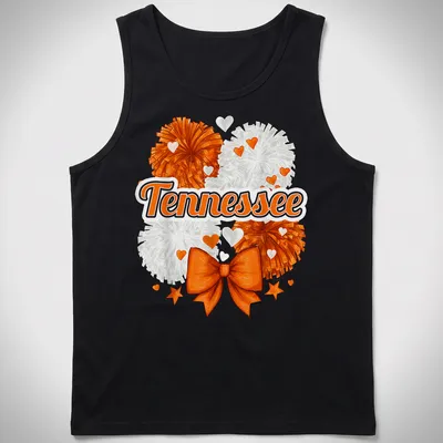 Illustration of an orange bow and pom-poms with Tennessee text — printed on a tank top
