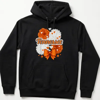 Illustration of an orange bow and pom-poms with Tennessee text — printed on a unisex hoodie