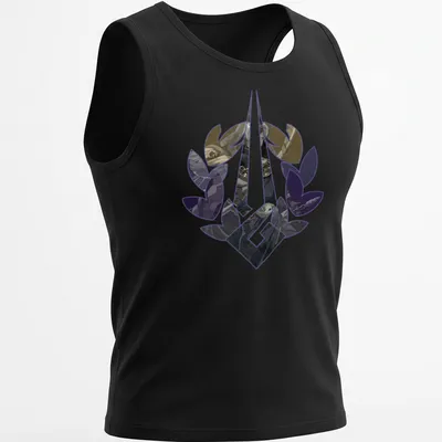 Fantasy art Tee featuring the Thanatos Laurel symbol in purple, black, beige, and gray. — printed on a tank top
