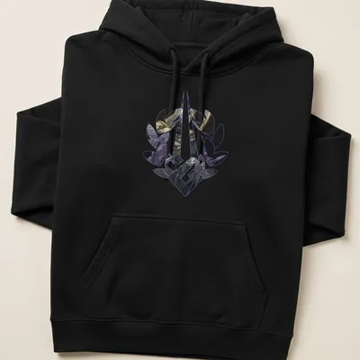 Fantasy art Tee featuring the Thanatos Laurel symbol in purple, black, beige, and gray. — printed on a unisex hoodie