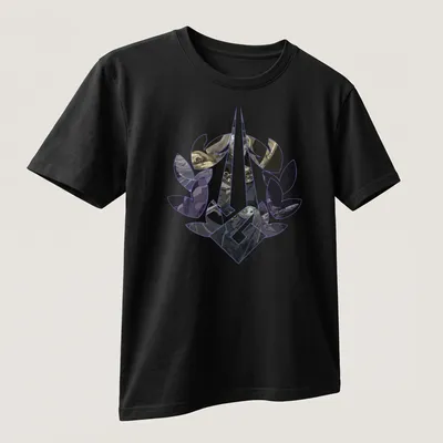 Fantasy art Tee featuring the Thanatos Laurel symbol in purple, black, beige, and gray. — printed on a unisex t-shirt (angled view)