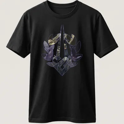 Fantasy art Tee featuring the Thanatos Laurel symbol in purple, black, beige, and gray. — printed on a unisex t-shirt