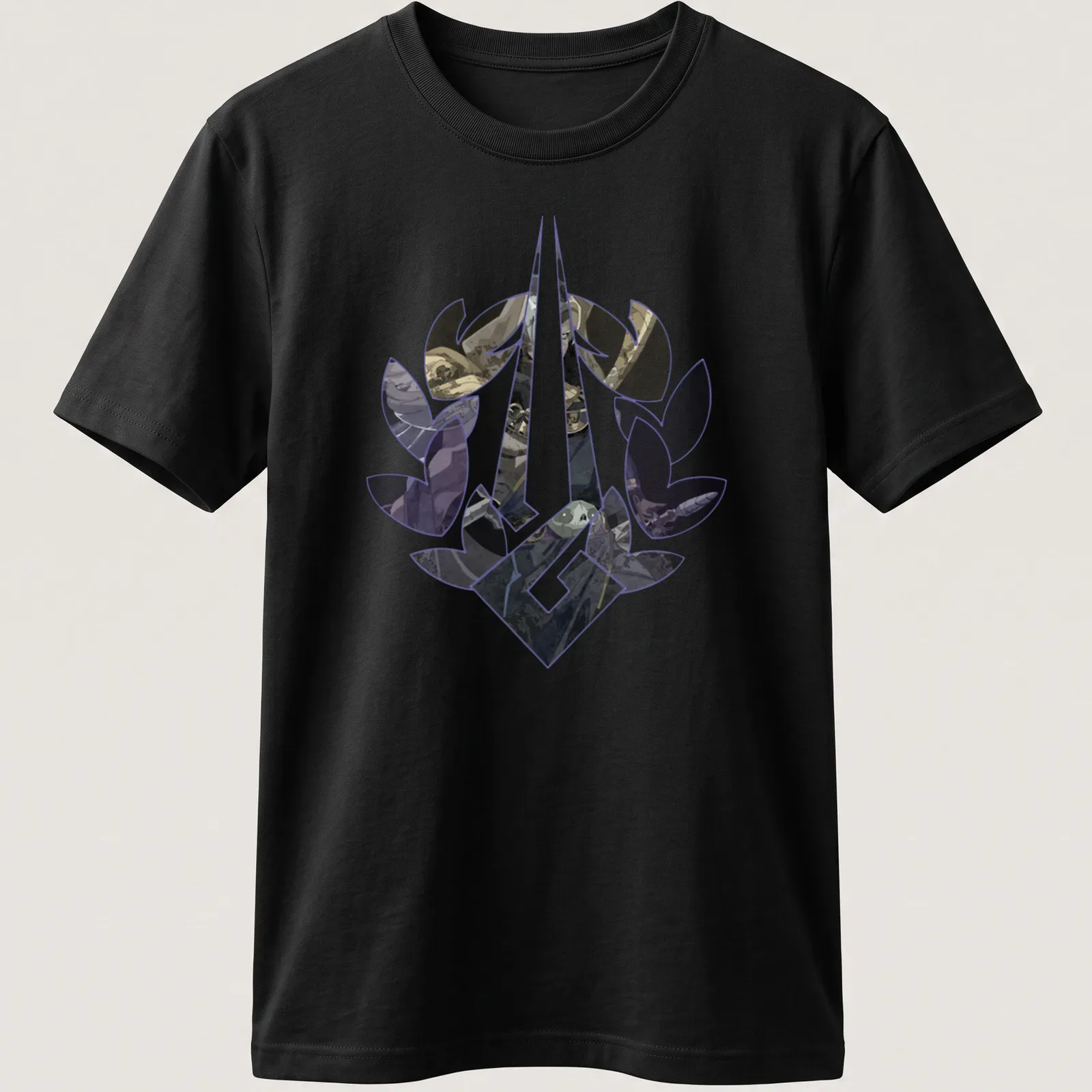 Fantasy art Tee featuring the Thanatos Laurel symbol in purple, black, beige, and gray. — printed on a unisex t-shirt