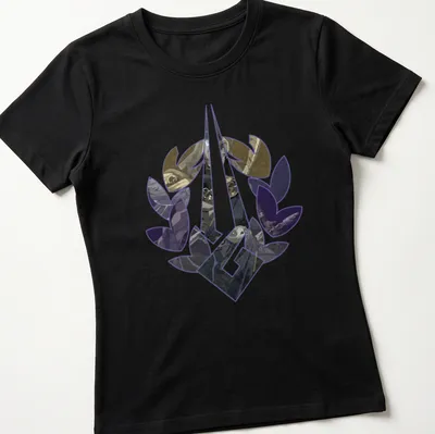 Fantasy art Tee featuring the Thanatos Laurel symbol in purple, black, beige, and gray. — printed on a women's shirt