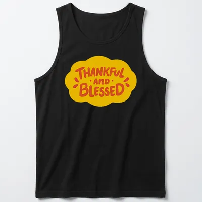 Playful cartoon design featuring a cloud and the words Thankful and Blessed — printed on a tank top