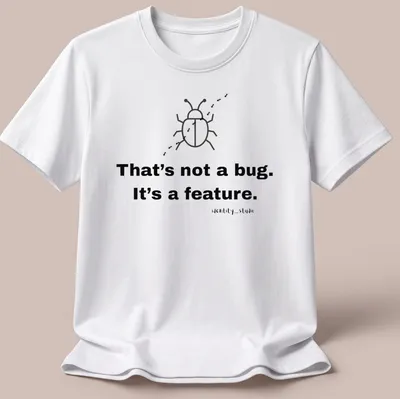 Simple line-art beetle with text 'That's not a bug. It's a feature.' — printed on a unisex t-shirt