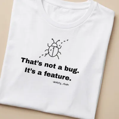 Simple line-art beetle with text 'That's not a bug. It's a feature.' — printed on a women's shirt