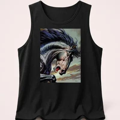 Dynamic realism graphic of a black horse galloping with vibrant background colors — printed on a tank top