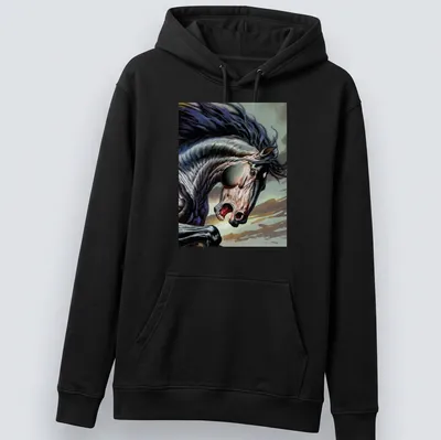 Dynamic realism graphic of a black horse galloping with vibrant background colors — printed on a unisex hoodie