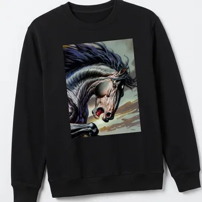 Dynamic realism graphic of a black horse galloping with vibrant background colors — printed on a unisex sweatshirt