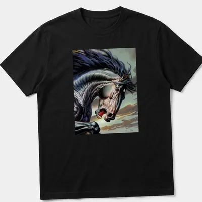Dynamic realism graphic of a black horse galloping with vibrant background colors — printed on a unisex t-shirt