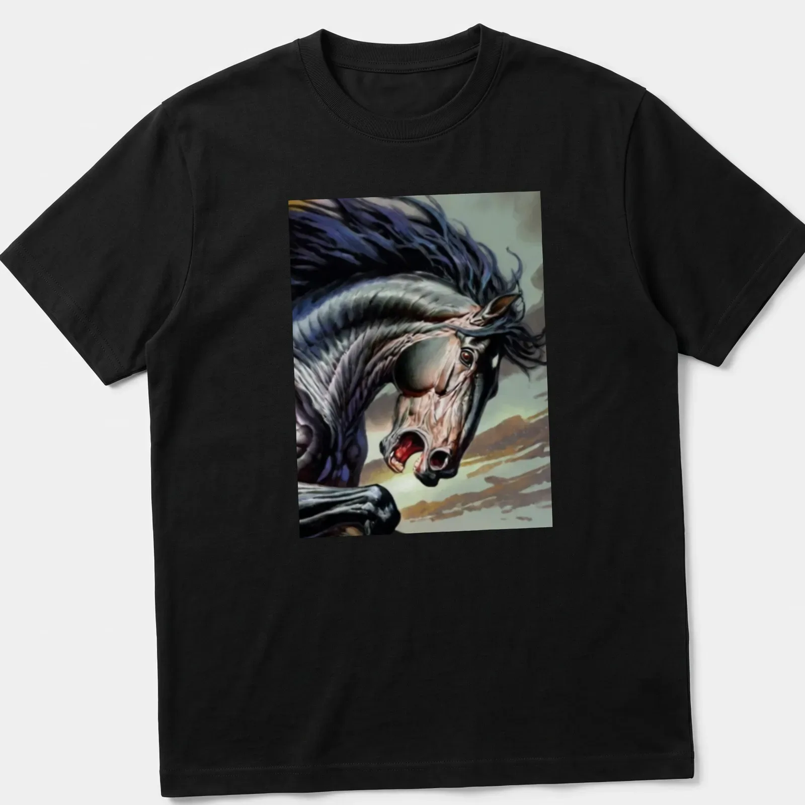 Dynamic realism graphic of a black horse galloping with vibrant background colors — printed on a unisex t-shirt