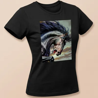 Dynamic realism graphic of a black horse galloping with vibrant background colors — printed on a women's shirt