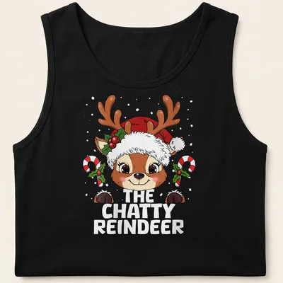 Kawaii cartoon reindeer with playful text for a festive Christmas — printed on a tank top