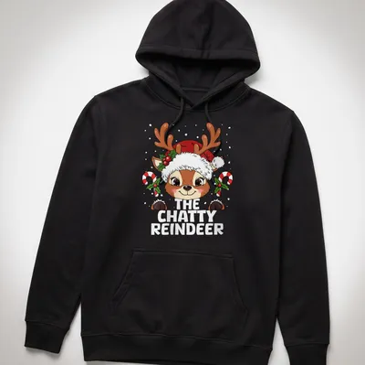 Kawaii cartoon reindeer with playful text for a festive Christmas — printed on a unisex hoodie