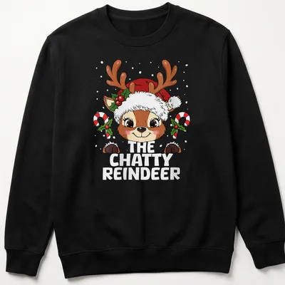 Kawaii cartoon reindeer with playful text for a festive Christmas — printed on a unisex sweatshirt
