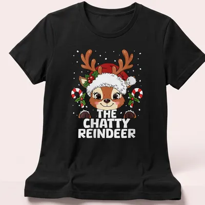 Kawaii cartoon reindeer with playful text for a festive Christmas — printed on a women's shirt