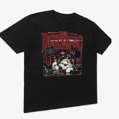 Vintage retro t-shirt featuring a playful cat and text about fun — printed on a unisex t-shirt (angled view)