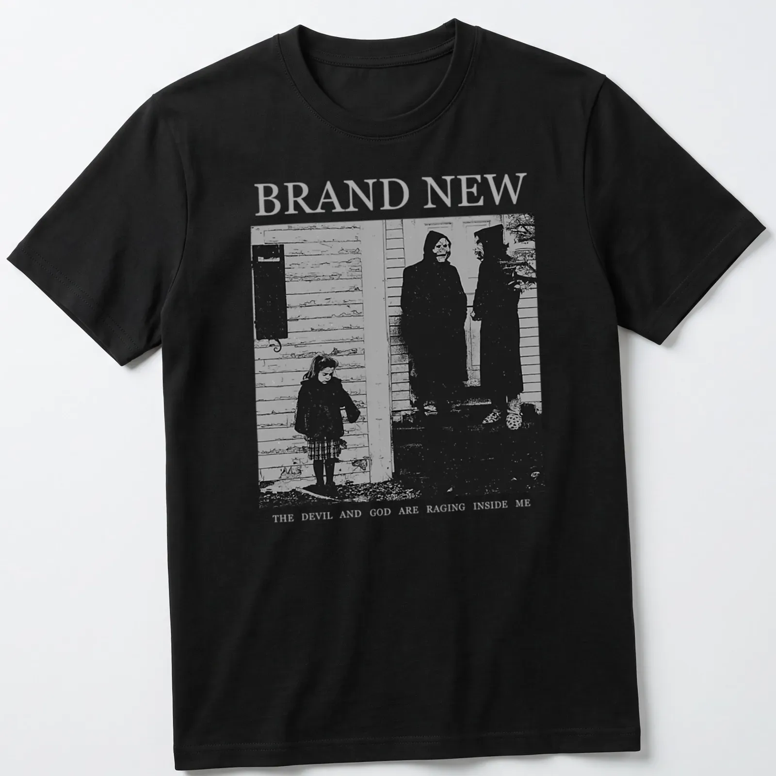 Dark artistic illustration of a girl with skeletons and text about inner turmoil — printed on a unisex t-shirt