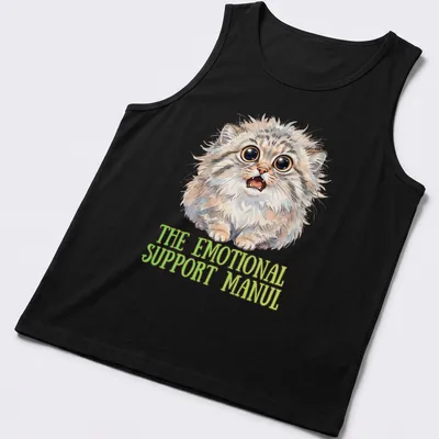 Watercolor illustration of a cute Pallas cat with emotional support text — printed on a tank top