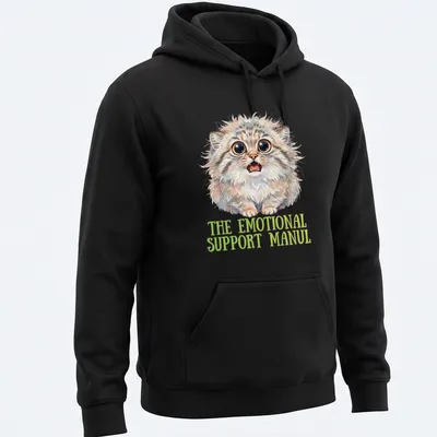 Watercolor illustration of a cute Pallas cat with emotional support text — printed on a unisex hoodie