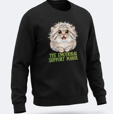 Watercolor illustration of a cute Pallas cat with emotional support text — printed on a unisex sweatshirt